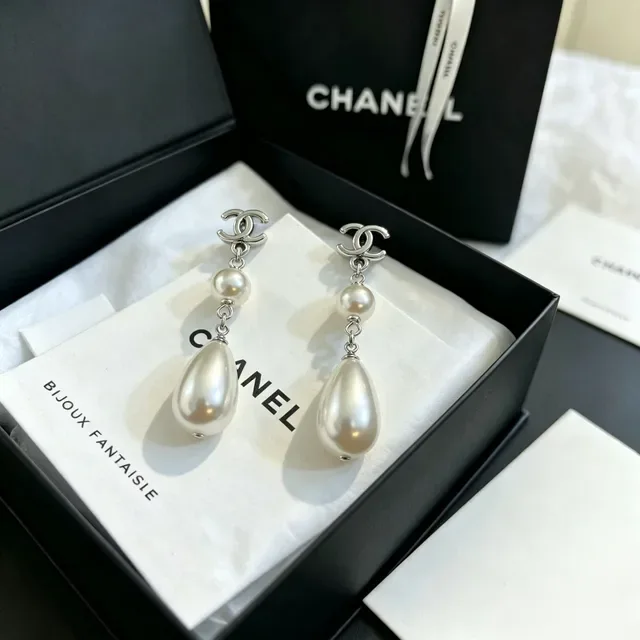 Chanel Pearl Drop Silver White Double-C Logo Earrings 3