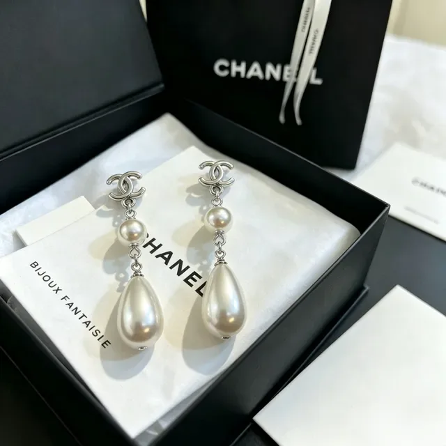 Chanel Pearl Drop Silver White Double-C Logo Earrings 5