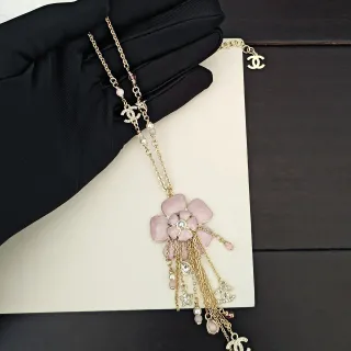 Chanel Pink Gold Chain Enamel Camellia Pendant Necklace