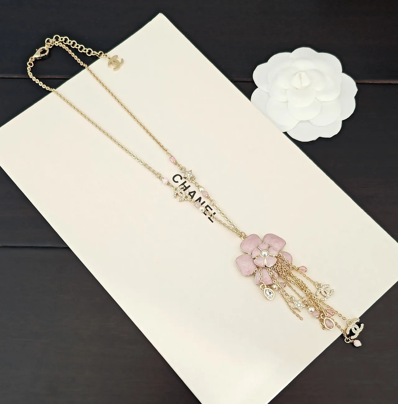 Chanel Chaîne Or Rose Émail Camélia Pendentif Collier 5