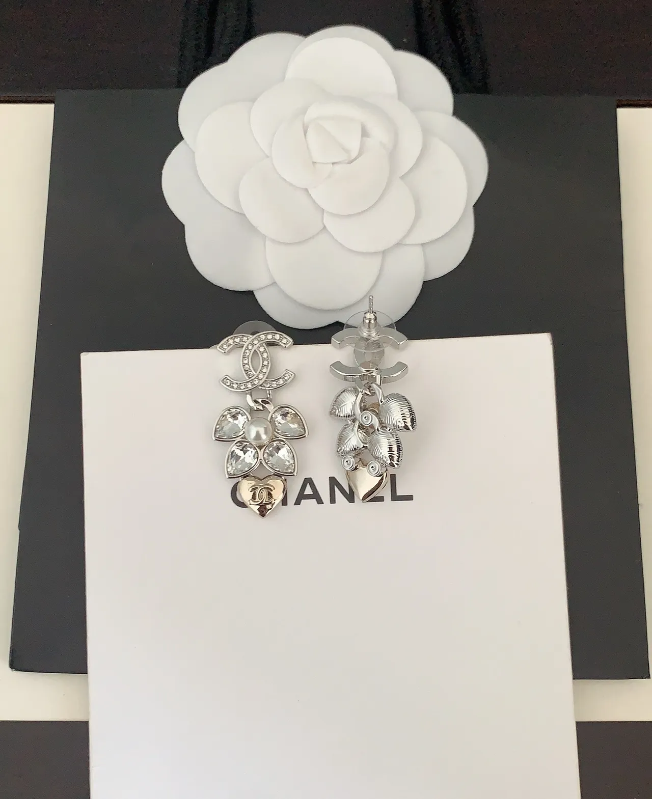 Chanel Silver Gold Interlocking CC Logo Pavé-Crystal Embellished Earrings 2