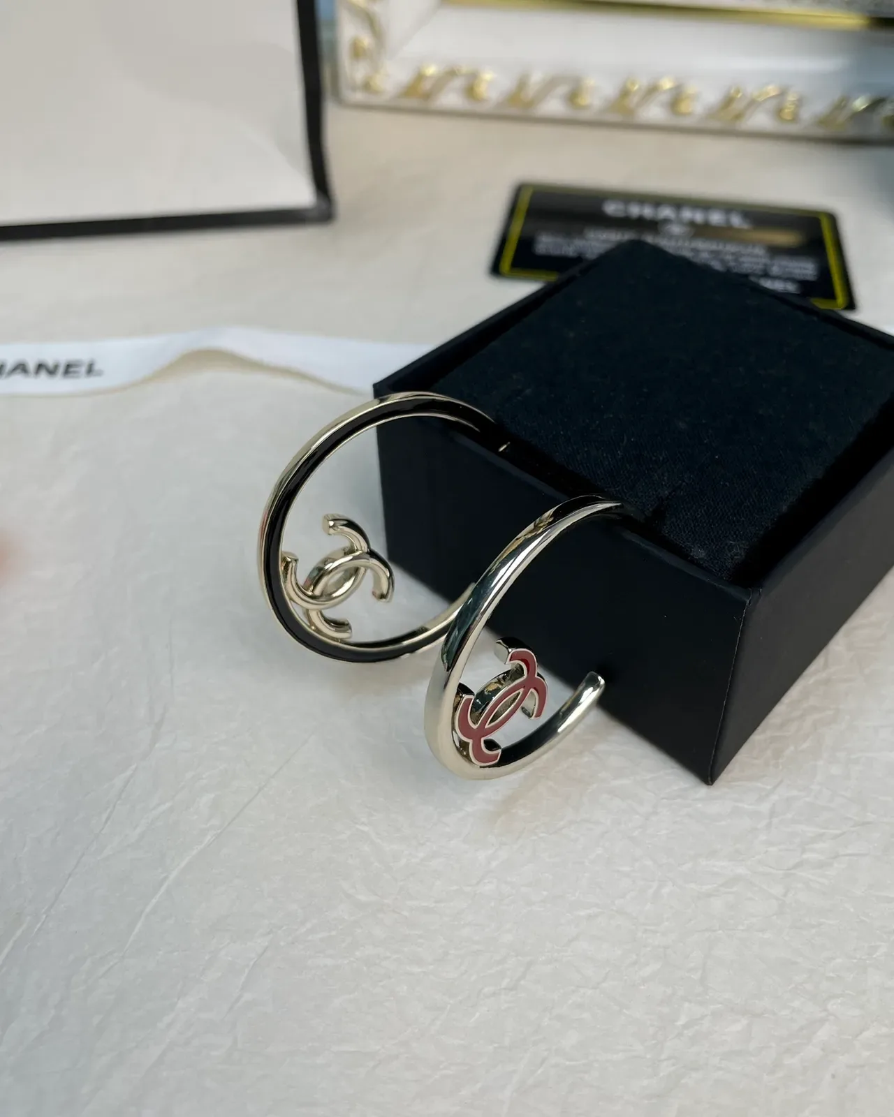 Chanel Silver Red Large Hoop Metal Earrings 2