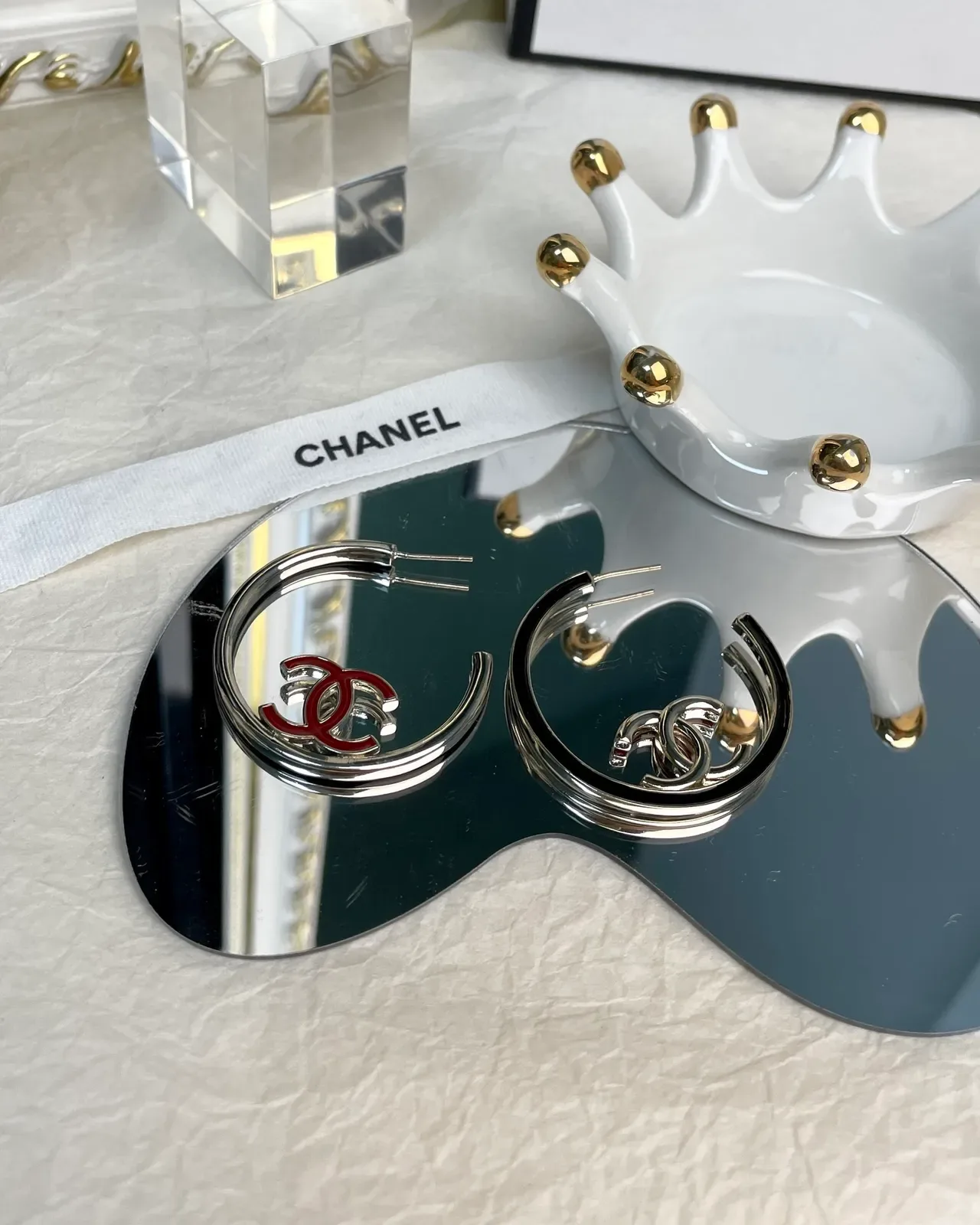 Chanel Silver Red Large Hoop Metal Earrings 3