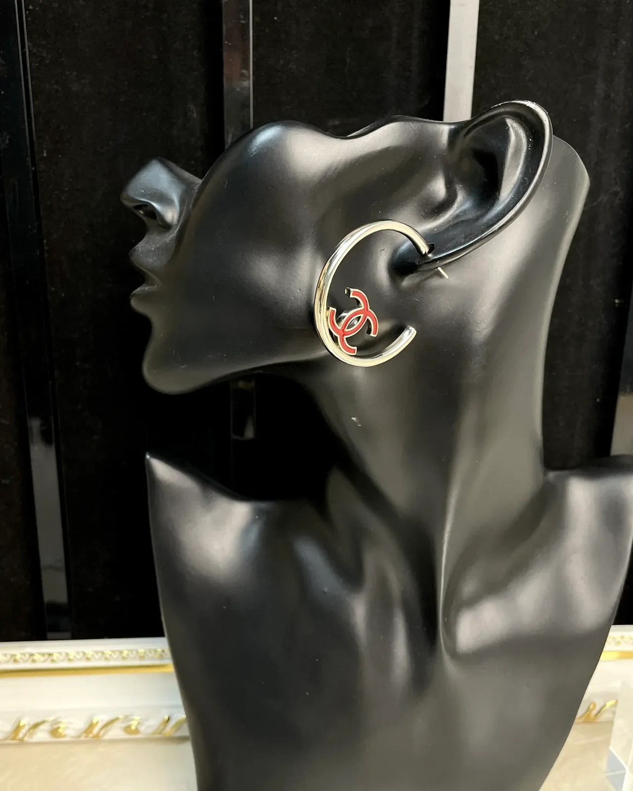 Chanel Silver Red Large Hoop Metal Earrings 4