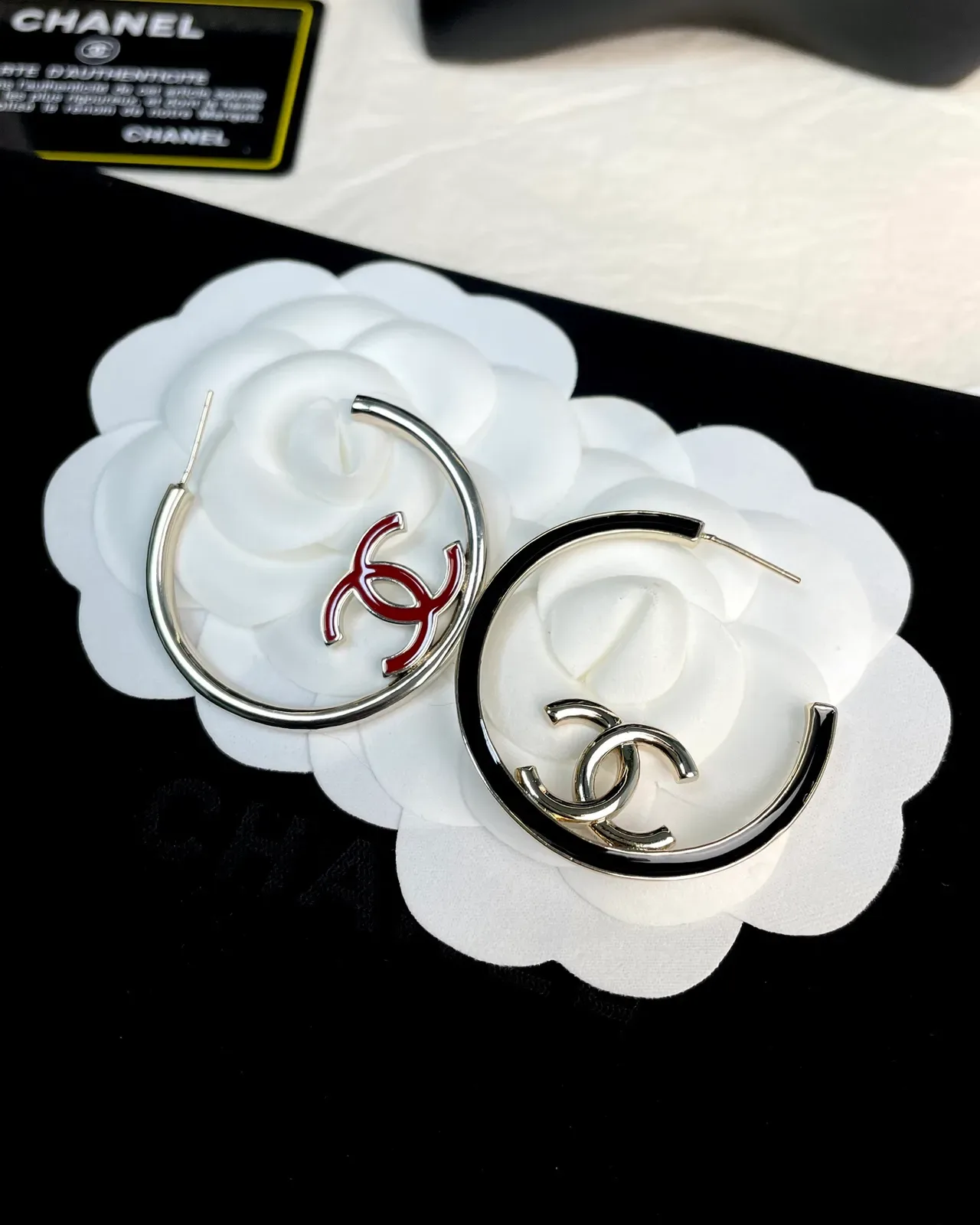 Chanel Silver Red Large Hoop Metal Earrings 5