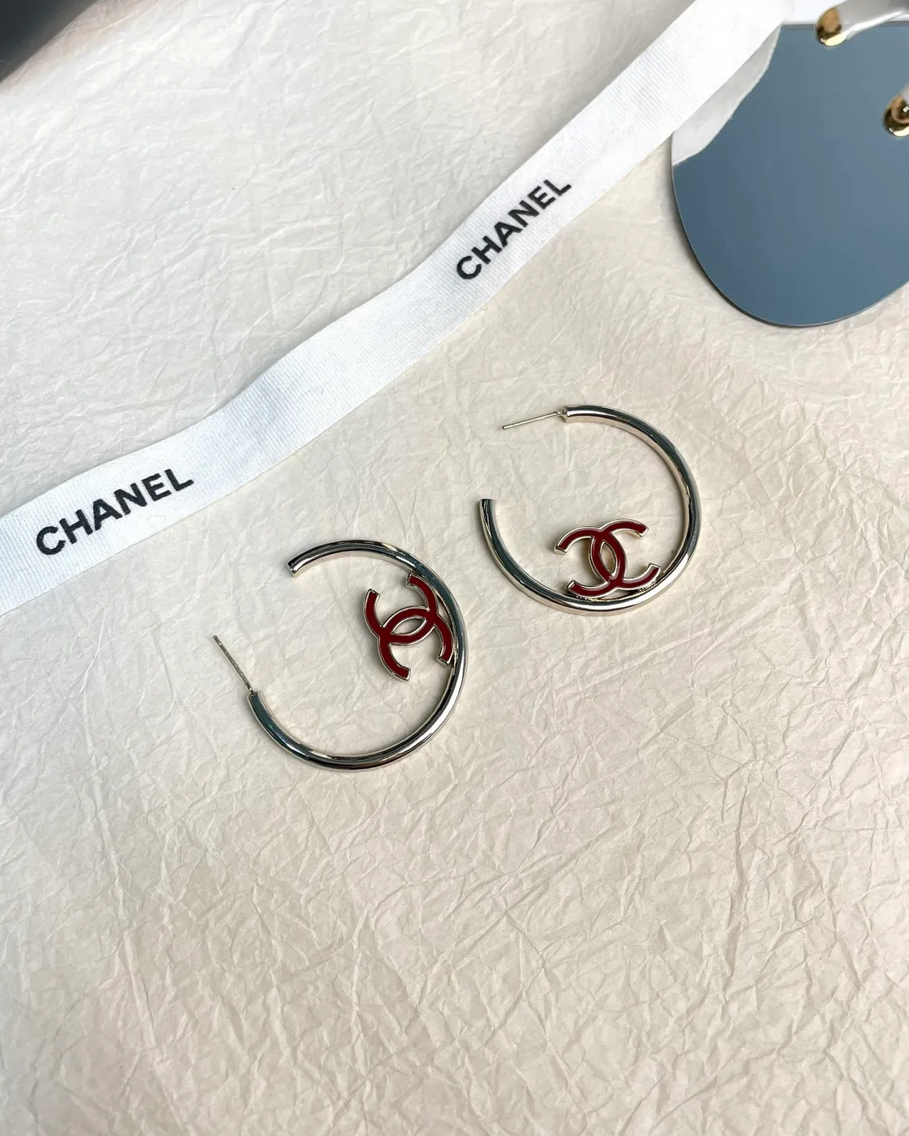 Chanel Silver Red Large Hoop Metal Earrings 7