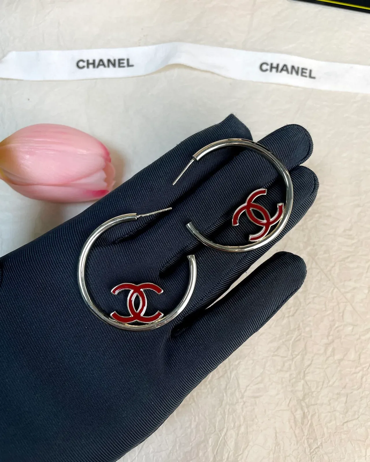Chanel Silver Red Large Hoop Metal Earrings 9