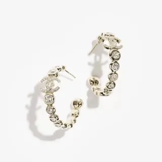 Chanel Silver Transparent Hoop Silhouette Crystal-Set Bezels Earrings
