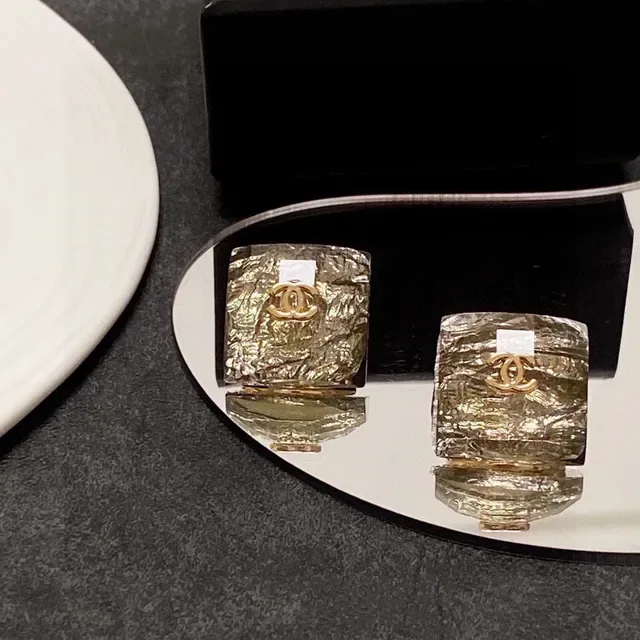 Chanel Square Crinkled Metallic Gold-Tone CC Logo Earrings 4