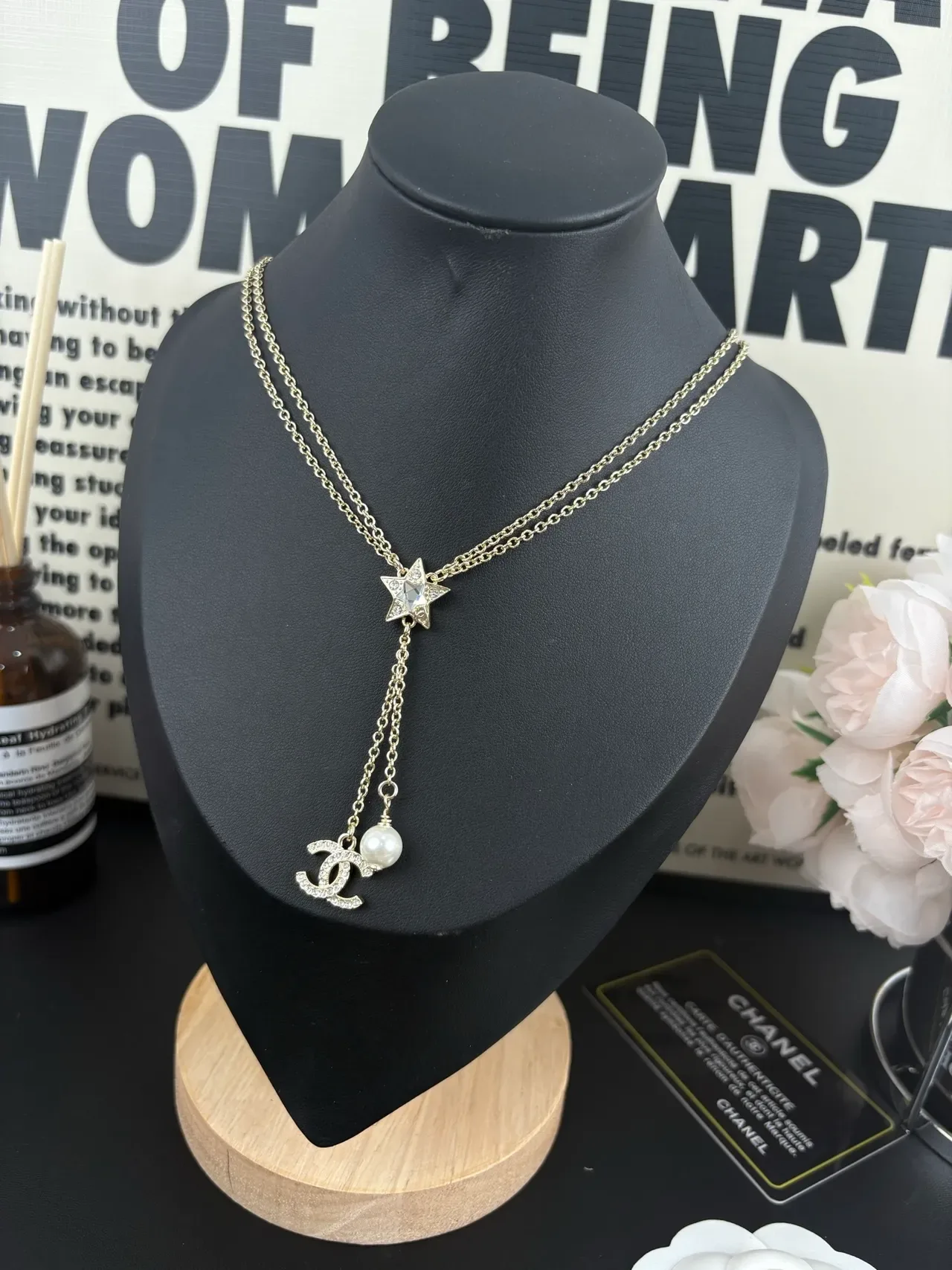 Collier Chanel Star Lariat Or Blanc Chaîne Double Motif 2