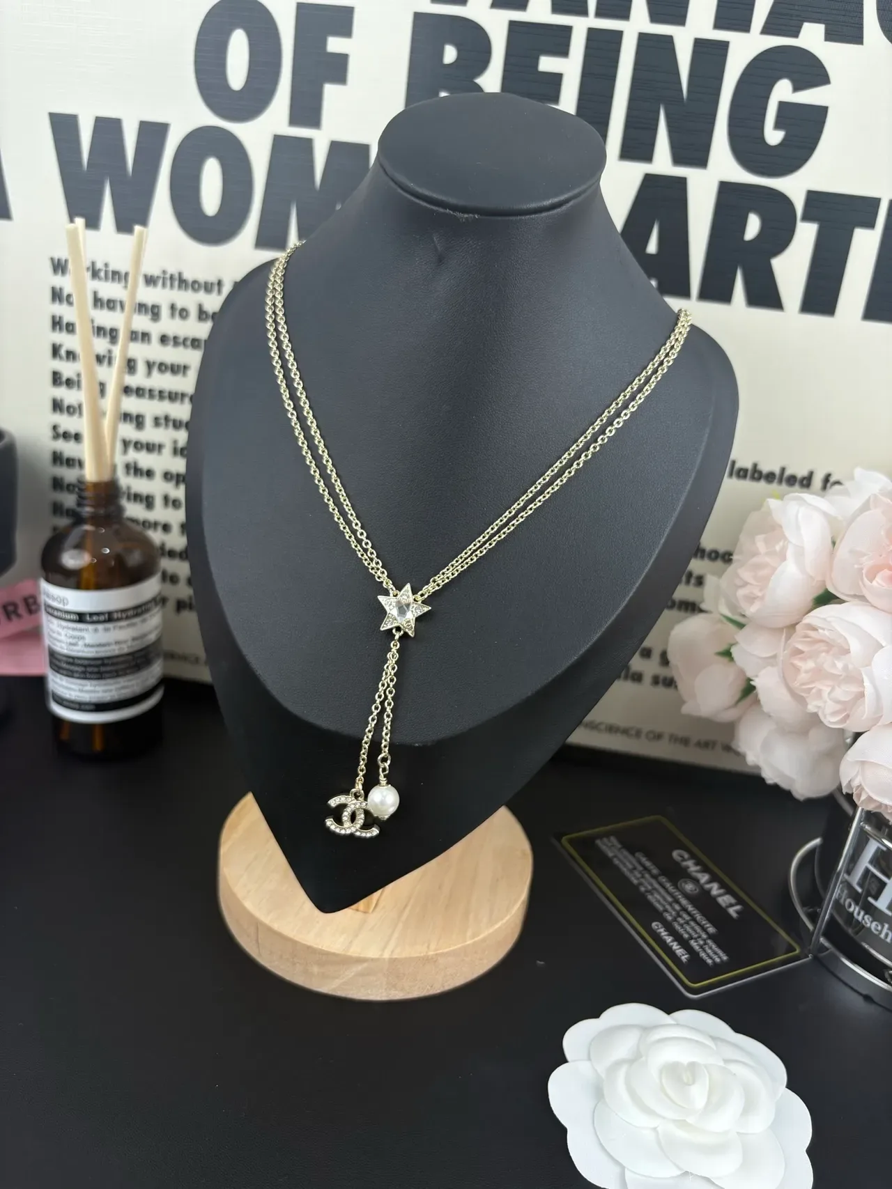 Collier Chanel Star Lariat Or Blanc Chaîne Double Motif 3