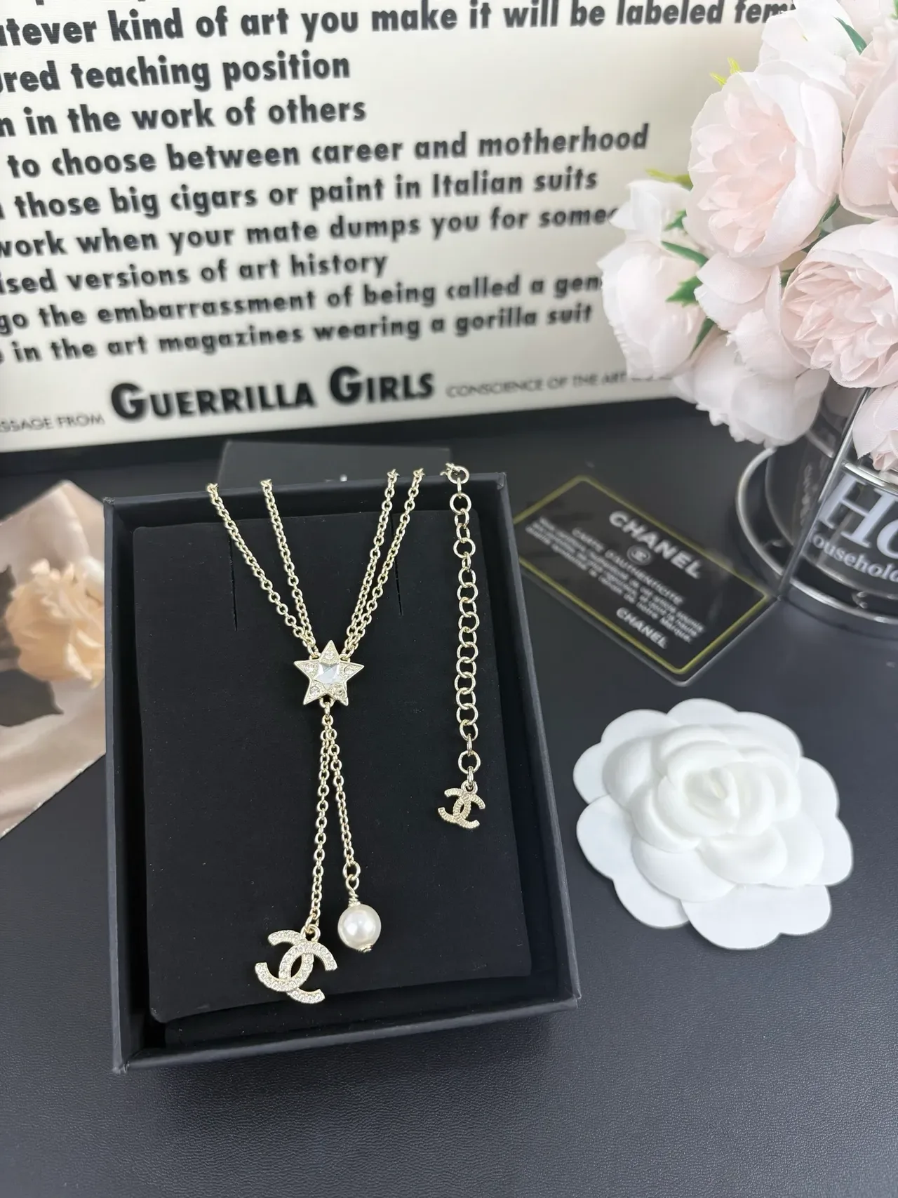 Collier Chanel Star Lariat Or Blanc Chaîne Double Motif 4