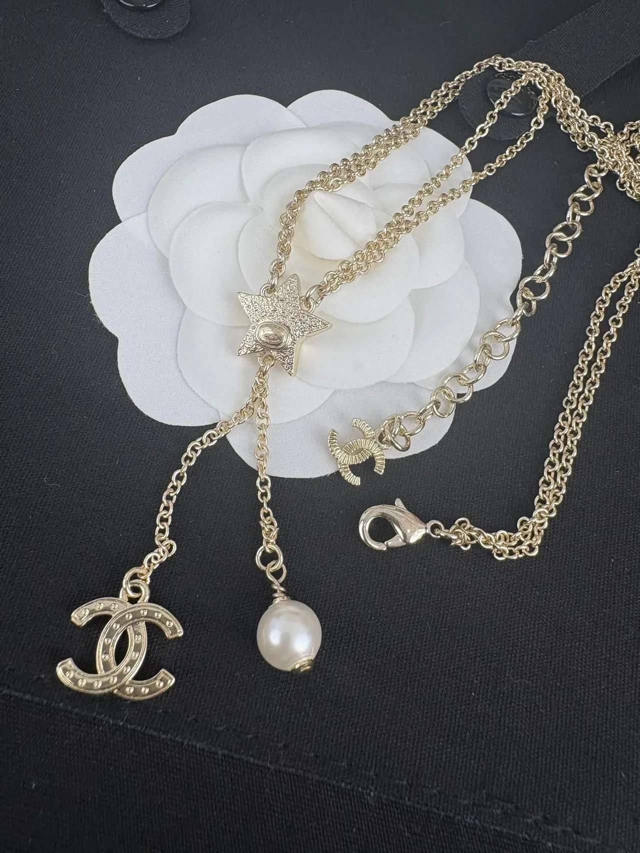 Collier Chanel Star Lariat Or Blanc Chaîne Double Motif 5