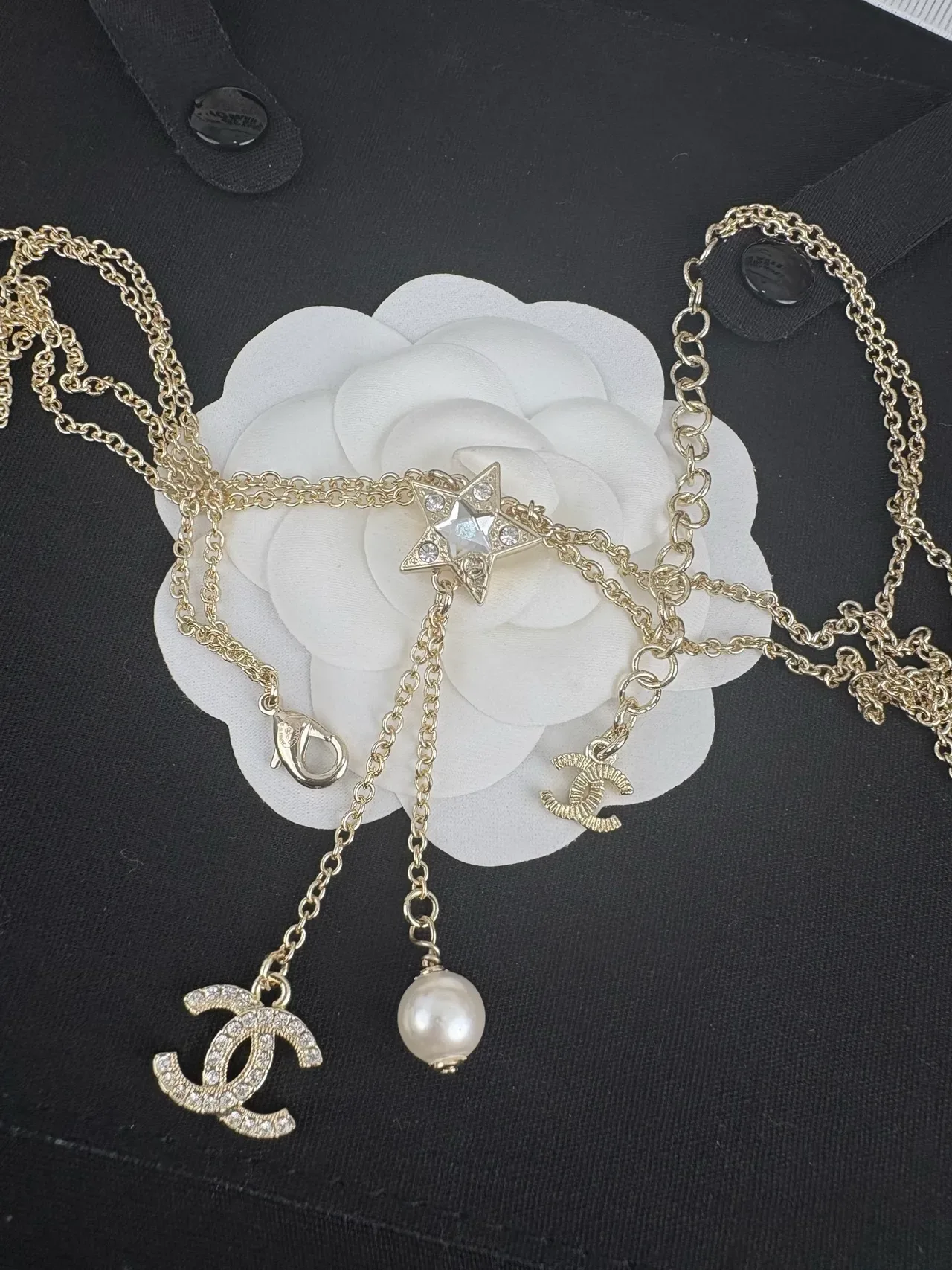 Collier Chanel Star Lariat Or Blanc Chaîne Double Motif 6