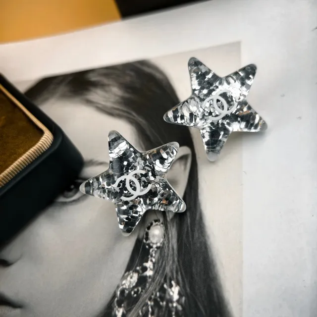 Chanel Star Silver Transparent Glitter-Resin Earrings 4
