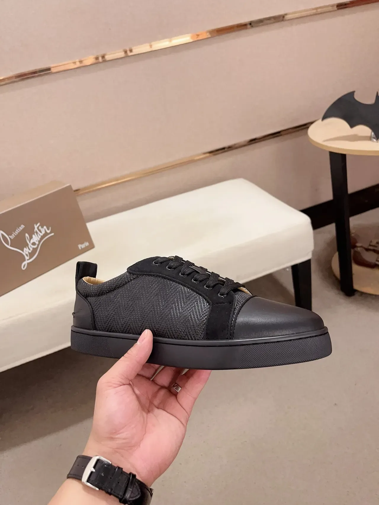 Christian Louboutin Black Beige Cap-Toe Woven Textile Upper Lifestyle Sneakers 4