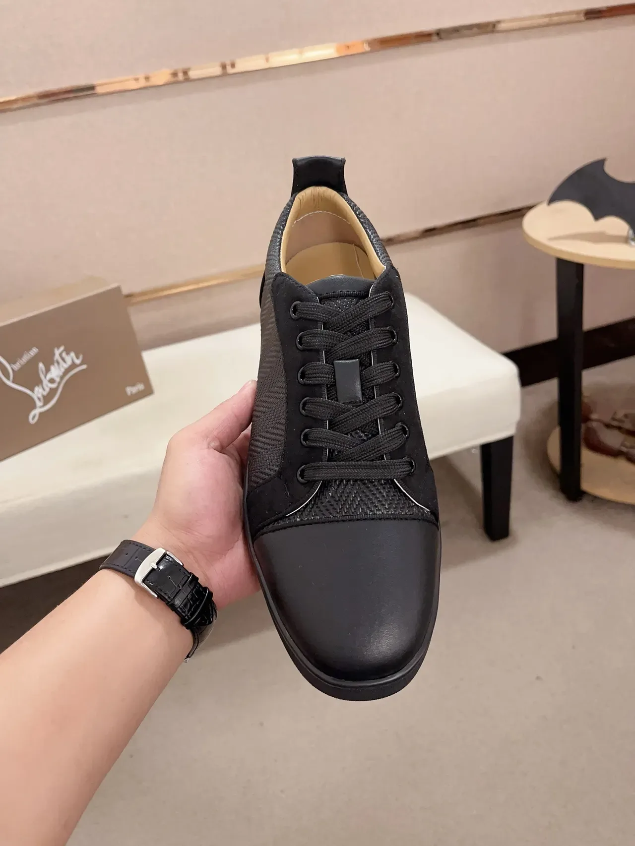 Christian Louboutin Black Beige Cap-Toe Woven Textile Upper Lifestyle Sneakers 5