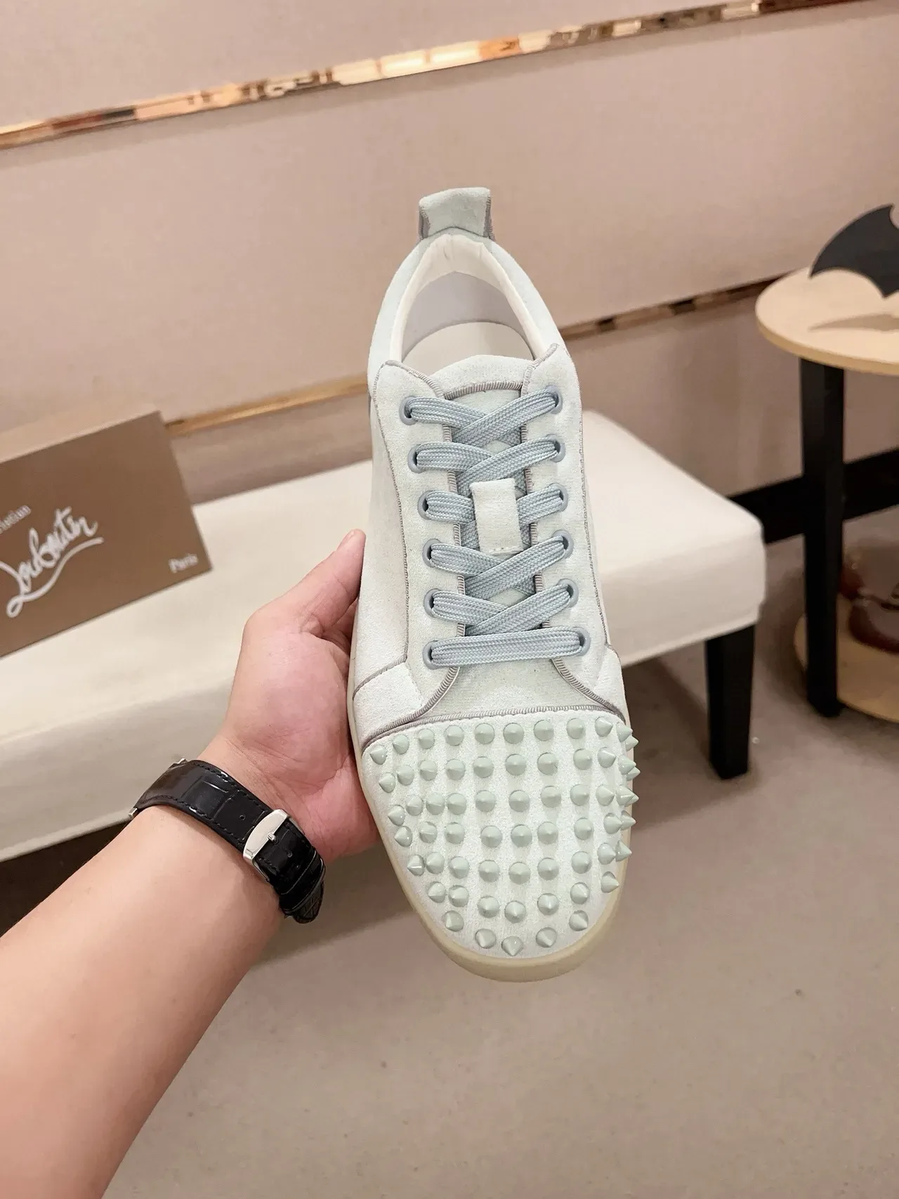 Christian Louboutin Bleu Beige Cap Toe Spiked Upper Daim Lifestyle Sneakers 2