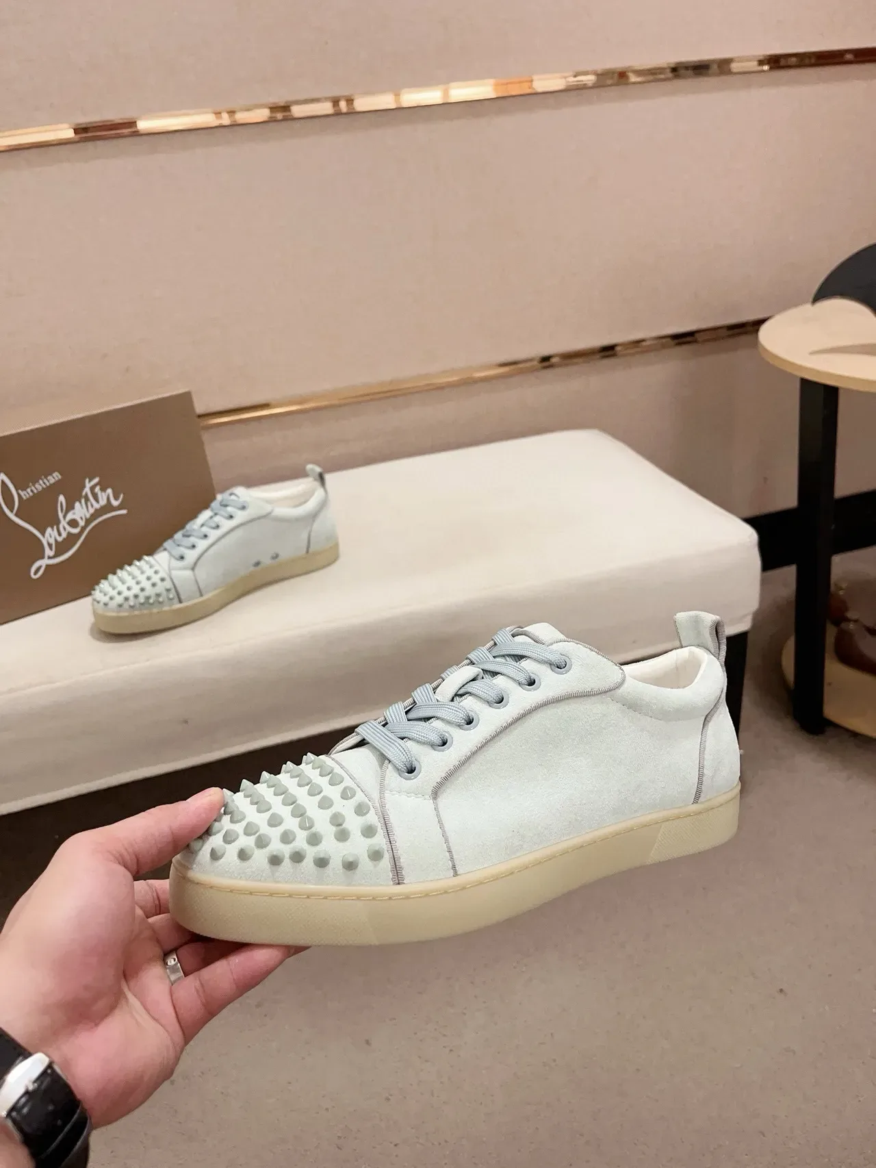 Christian Louboutin Bleu Beige Cap Toe Spiked Upper Daim Lifestyle Sneakers 3
