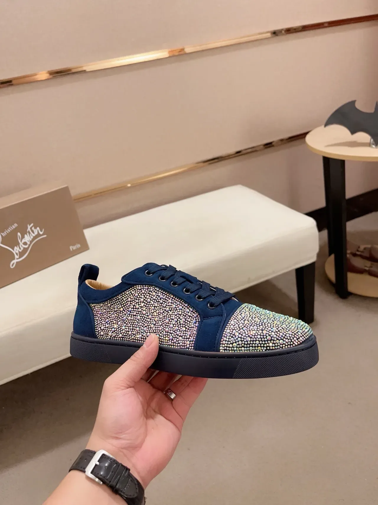 Christian Louboutin Crystal-Embellished Navy Suede Lifestyle Sneakers 4