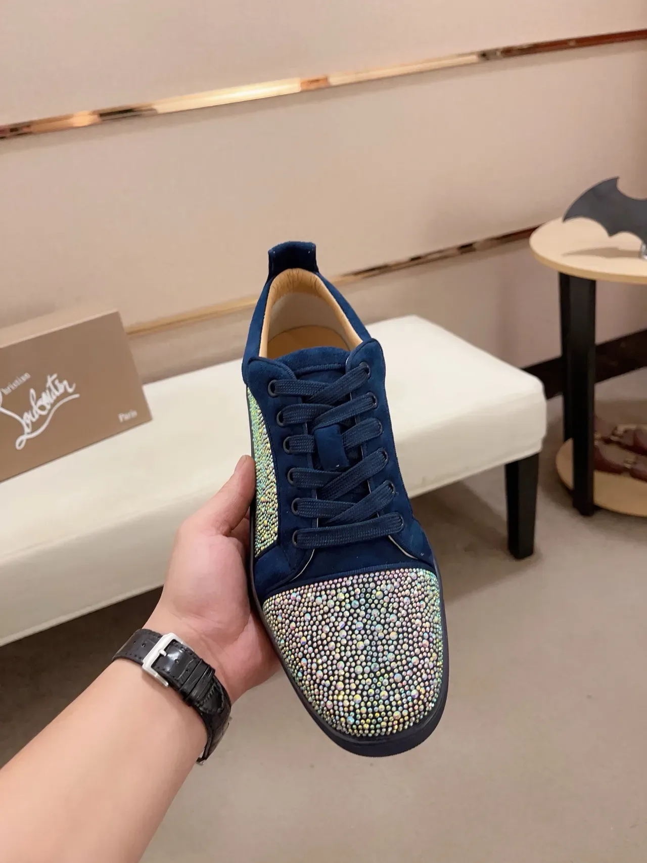 Christian Louboutin Crystal-Embellished Navy Suede Lifestyle Sneakers 5