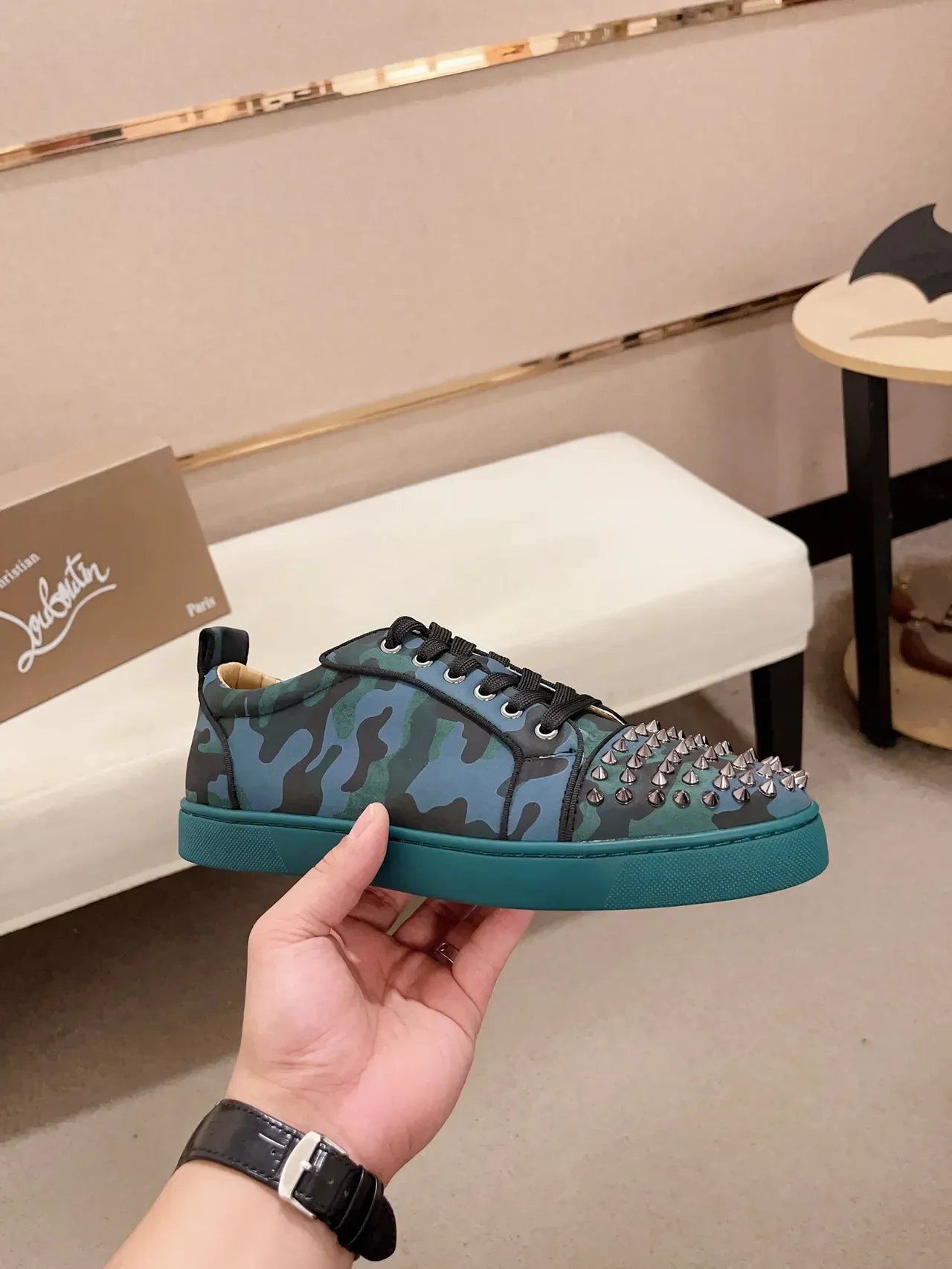 Christian Louboutin Multicolor Blue Camouflage-Print Upper Studded Toe Cap Lifestyle Sneakers 4