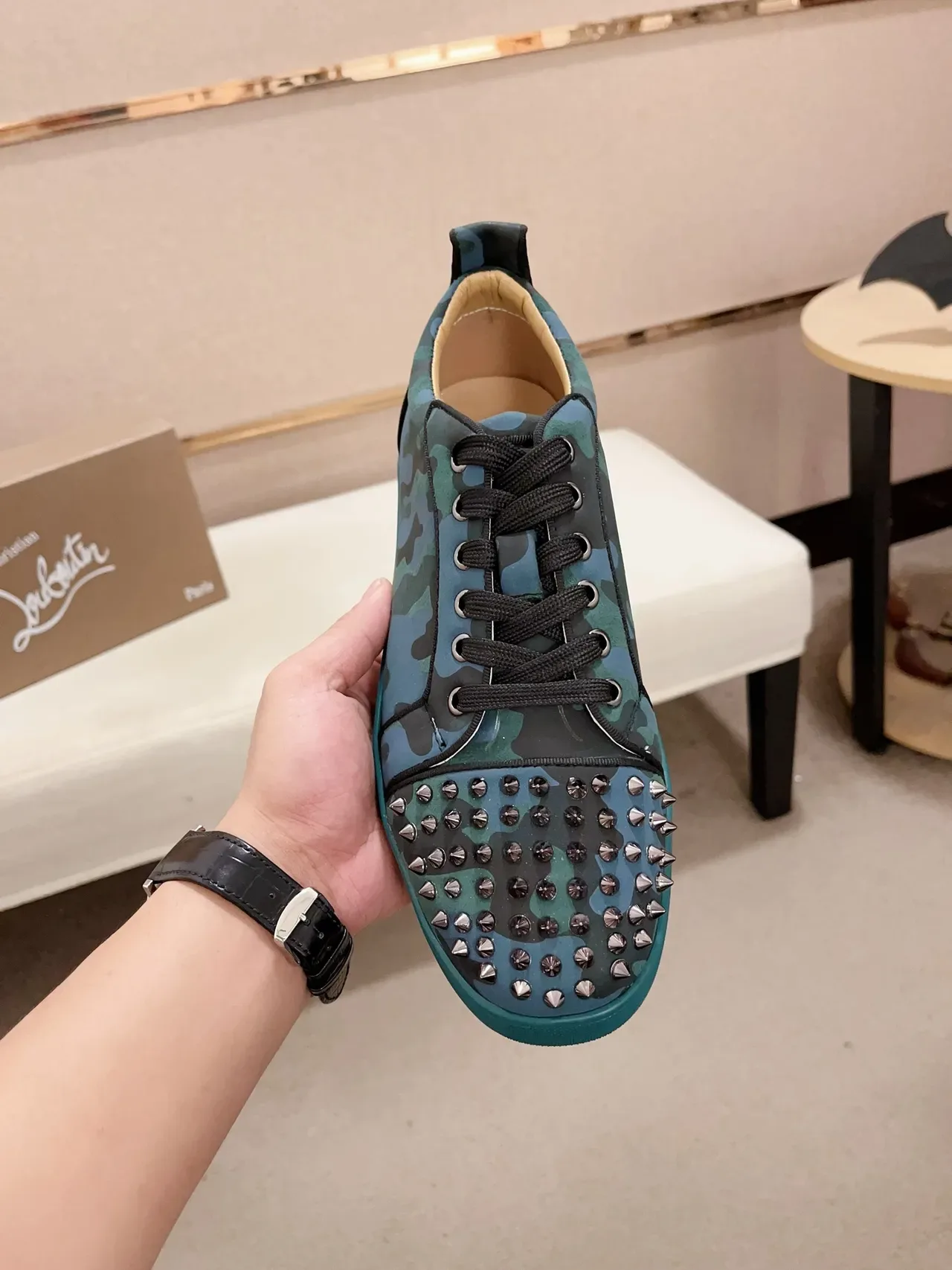 Christian Louboutin Multicolor Blue Camouflage-Print Upper Studded Toe Cap Lifestyle Sneakers 5