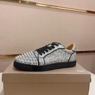 Christian Louboutin Silver Black Glitter Upper Studded Toe Cap Lifestyle Sneakers