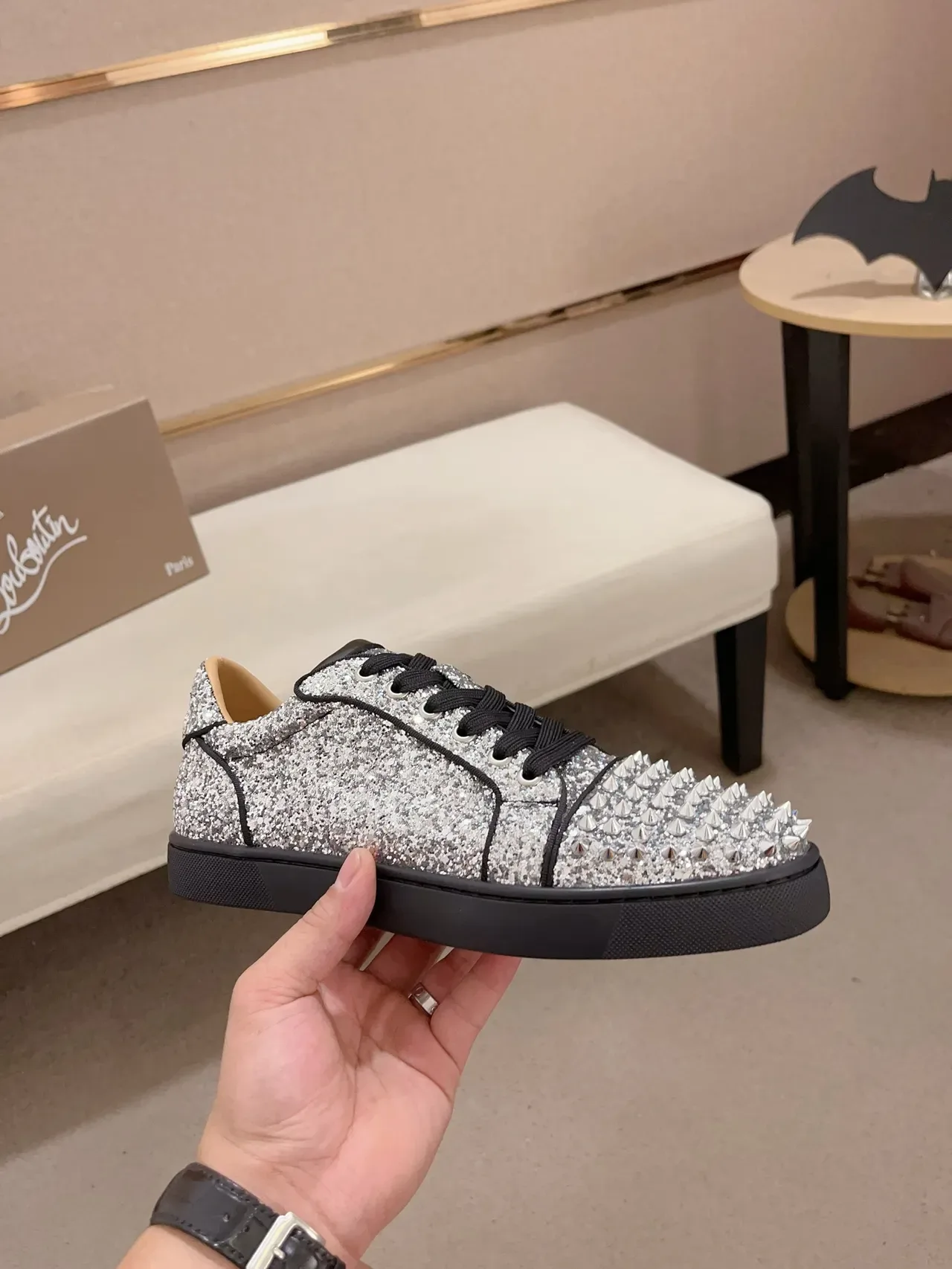 Christian Louboutin Silver Black Glitter Upper Studded Toe Cap Lifestyle Sneakers 4