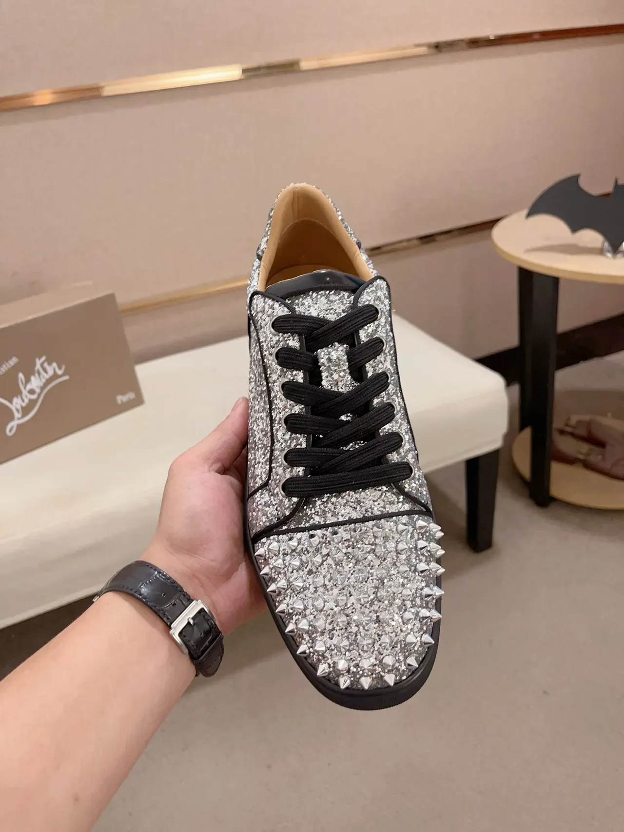 Christian Louboutin Silver Black Glitter Upper Studded Toe Cap Lifestyle Sneakers 5