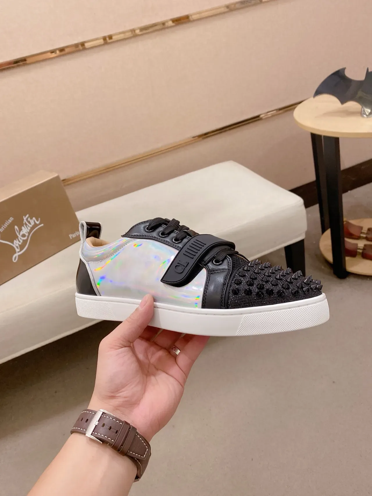 Christian Louboutin Spiked Toe Holographic Strap Lifestyle Sneaker 4