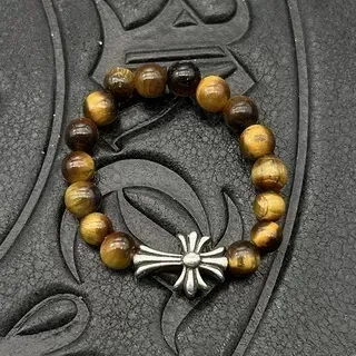 Chrome Hearts Cross Bead Bracelet Brown Silver Beaded Tiger's Eye Stone Bracelet