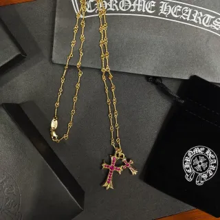 Chrome Hearts Cross Gold Pink Link Chain Dual Pendants Necklace