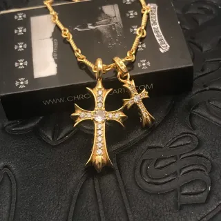Chrome Hearts Cross Pendant Gold-Tone Pave Crystal Necklace