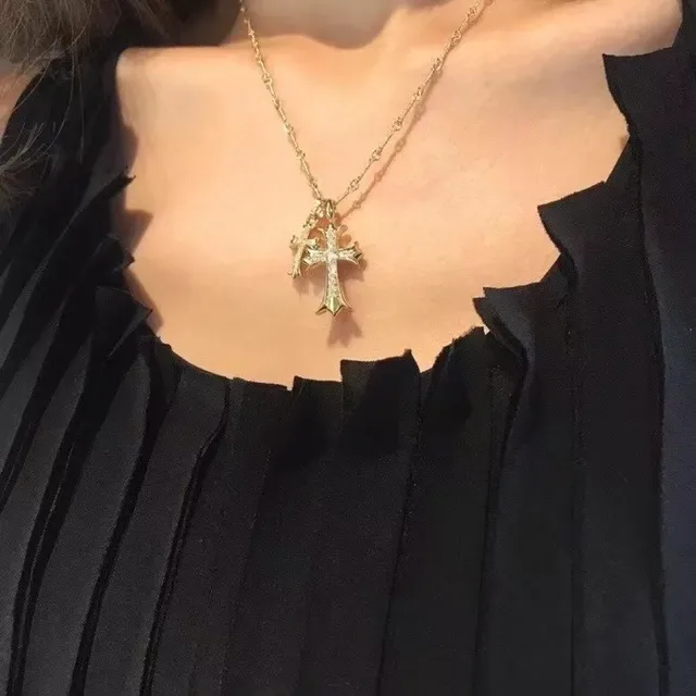 Chrome Hearts Cross Pendant Gold-Tone Pave Crystal Necklace 2