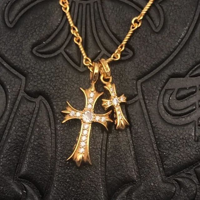 Chrome Hearts Cross Pendant Gold-Tone Pave Crystal Necklace 8