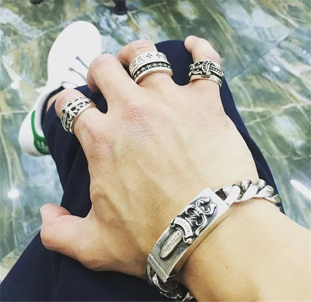 Chrome Hearts Cross & Sword Heavy Curb Chain Silver Bracelets 2
