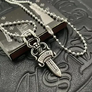 Chrome Hearts Dagger Sterling Silver Engraved Pendant Necklace