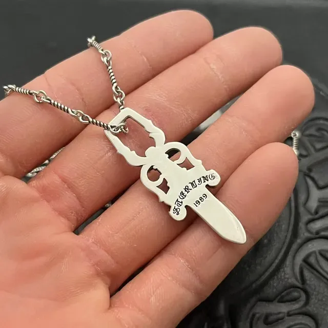 Chrome Hearts Dagger Sterling Silver Engraved Pendant Necklace 2