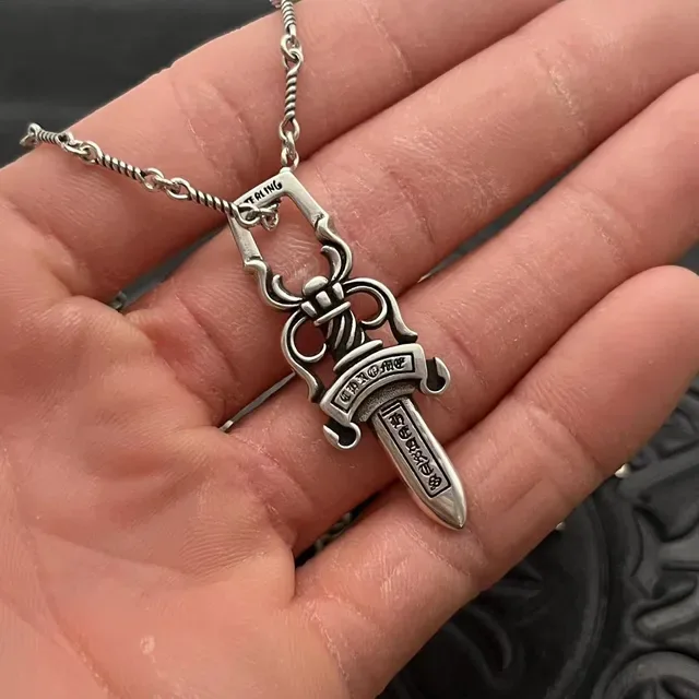 Chrome Hearts Dagger Sterling Silver Engraved Pendant Necklace 3