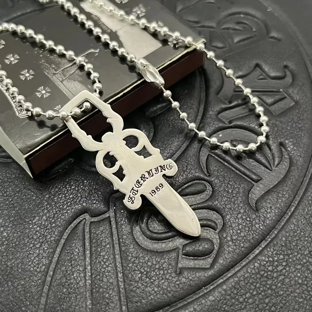Chrome Hearts Dagger Sterling Silver Engraved Pendant Necklace 6
