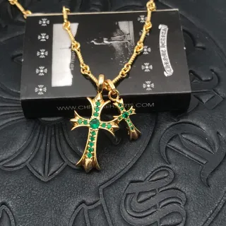 Chrome Hearts Double Cross Gold Green Twisted Rope Chain Pendant Necklace