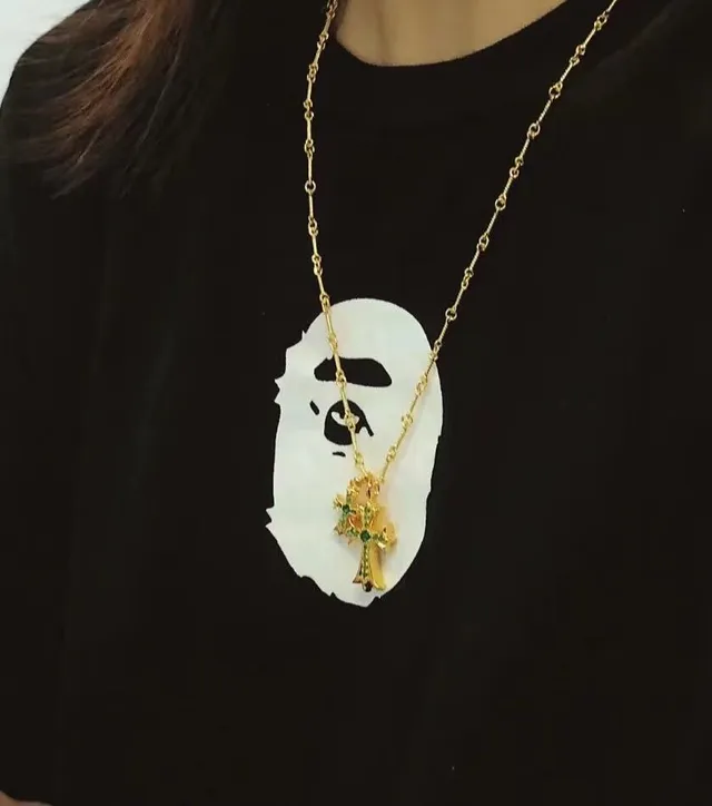 Chrome Hearts Cruz Dupla Dourado Verde Corrente de Corda Trançada Pingente Colar 2