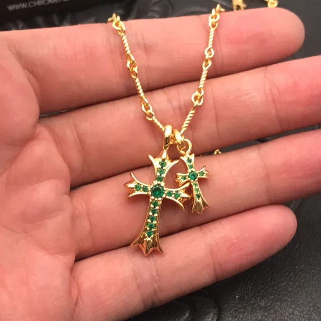 Chrome Hearts Cruz Dupla Dourado Verde Corrente de Corda Trançada Pingente Colar 5