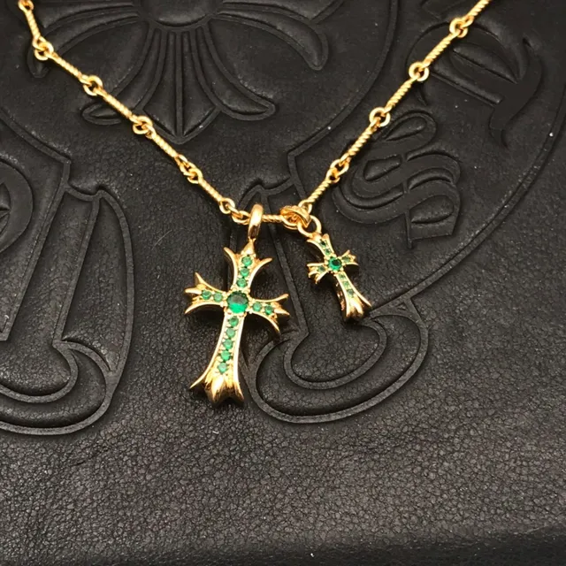 Chrome Hearts Cruz Dupla Dourado Verde Corrente de Corda Trançada Pingente Colar 7