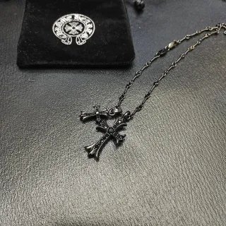 Chrome Hearts Double Cross Oxidized Silver Pavé Stone Necklace