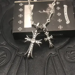 Chrome Hearts Double Cross Pavé Crystal Silver-Tone Necklace