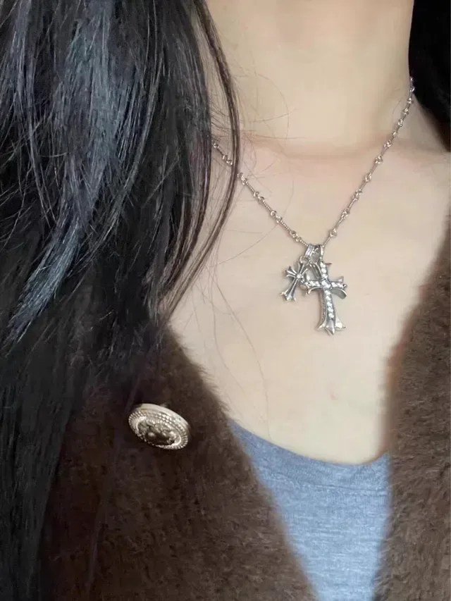 Chrome Hearts Double Cross Pavé Crystal Silver-Tone Necklace 2