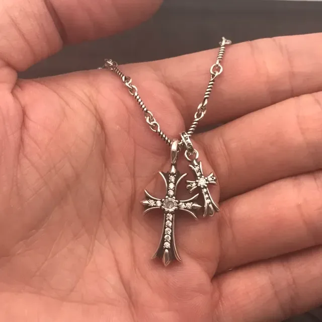 Chrome Hearts Double Cross Pavé Crystal Silver-Tone Necklace 4