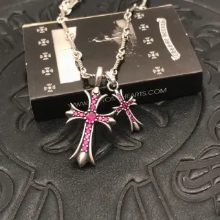 Chrome Hearts Double Cross Pink Gemstone Necklace